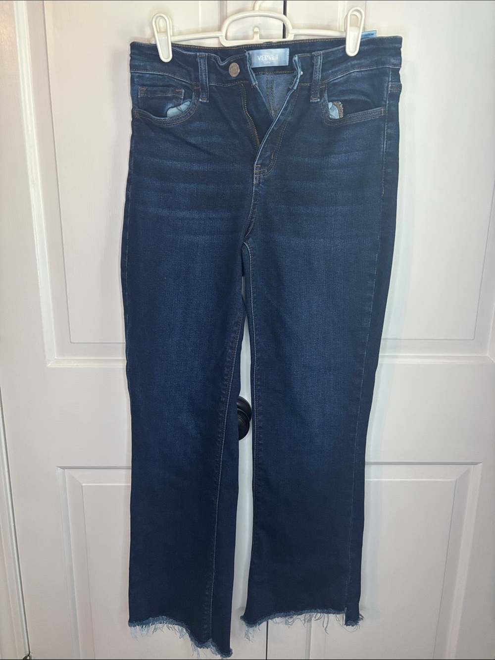 Vervet Blue Dark Wash Cropped Flare Jeans Raw Hem
